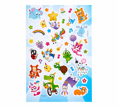 A sheet of colorful cartoon stickers featuring animals, unicorns, a rainbow, stars, and musical notes on a light blue background.