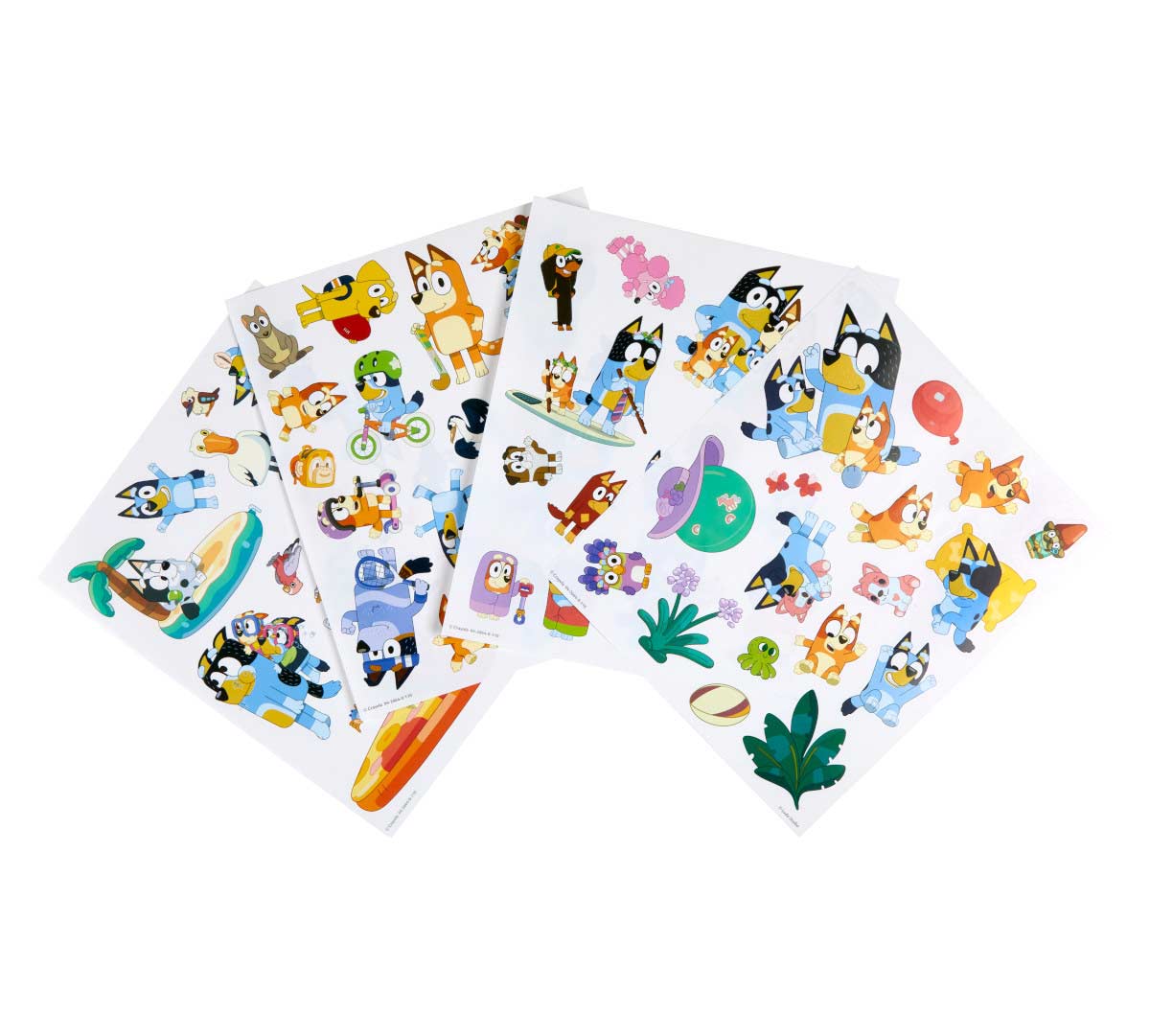 Two sheets of colorful cartoon character stickers on a white background