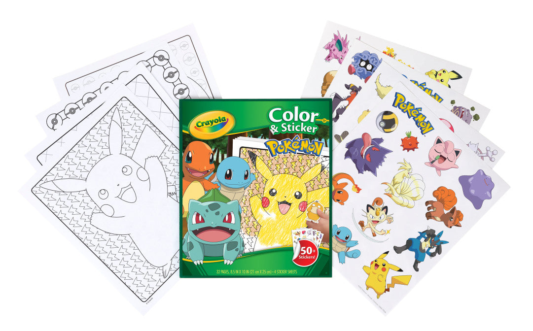 Crayola Color & Sticker Pokemon set with coloring book and stickers on a white background