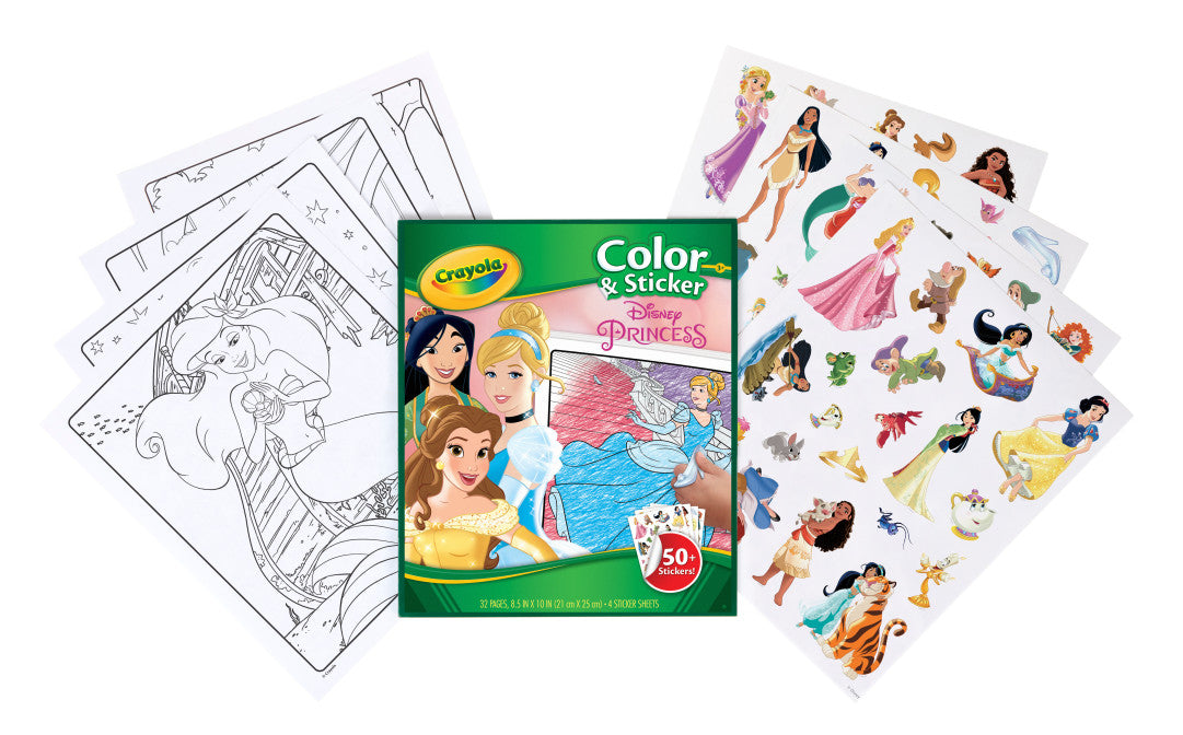 Crayola Disney Princess Color & Sticker set featuring a green coloring book in the center, flanked by black-and-white coloring pages on the left and colorful character stickers on the right, all on a white background.