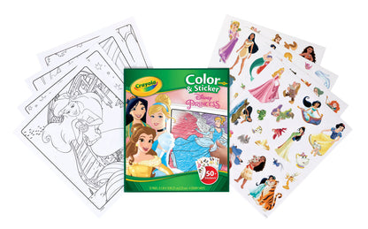 Crayola Disney Princess Color & Sticker set featuring a green coloring book in the center, flanked by black-and-white coloring pages on the left and colorful character stickers on the right, all on a white background.