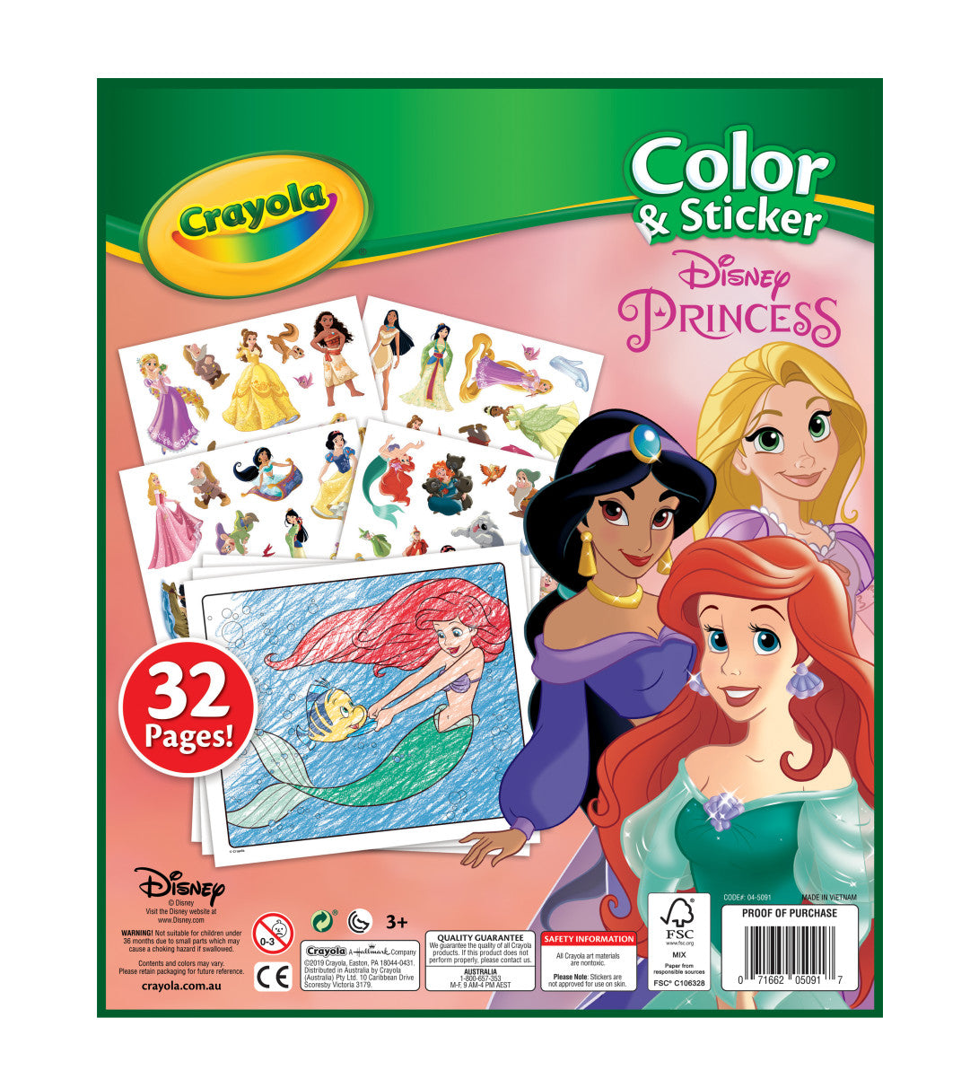 Crayola Disney Princess Color & Sticker activity book package, featuring Jasmine, Ariel, and Belle on the front cover with sticker sheets and coloring pages shown, plus a red badge that says 32 Pages.