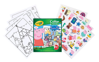 Crayola Peppa Pig Color & Sticker activity kit showing the green and yellow product box in the center, flanked by black-and-white coloring pages on the left and a sheet of colorful stickers on the right, all on a white background.