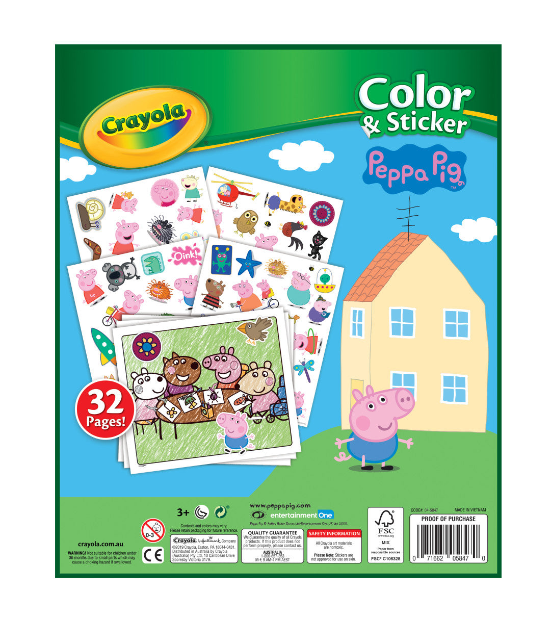 Crayola Peppa Pig Color & Sticker activity sheet package showing 32 pages of colorful stickers and sheets, with Peppa Pig, the house, and green sky background on the front.