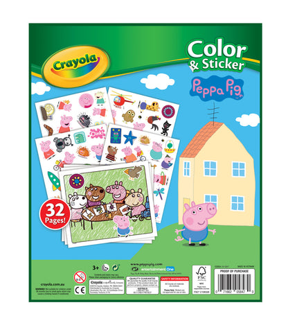 Crayola Peppa Pig Color & Sticker activity sheet package showing 32 pages of colorful stickers and sheets, with Peppa Pig, the house, and green sky background on the front.