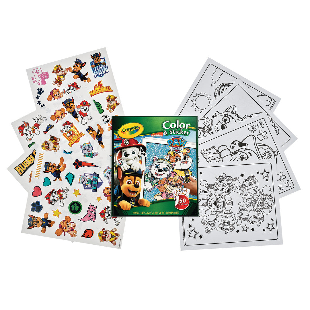 Crayola color and sticker book with Paw Patrol-themed stickers on a white background