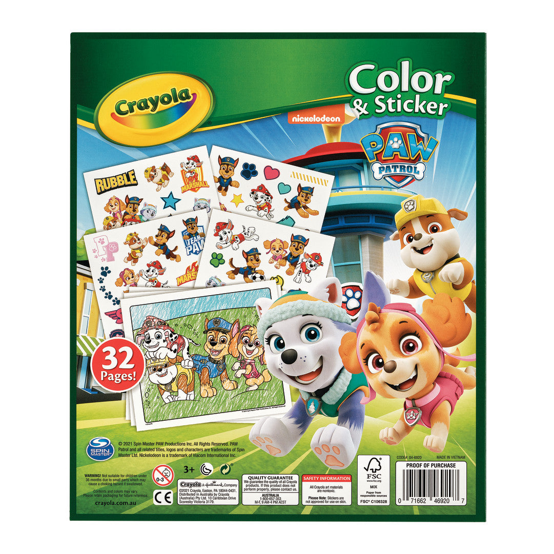 Crayola Color & Sticker book featuring Paw Patrol on a white background