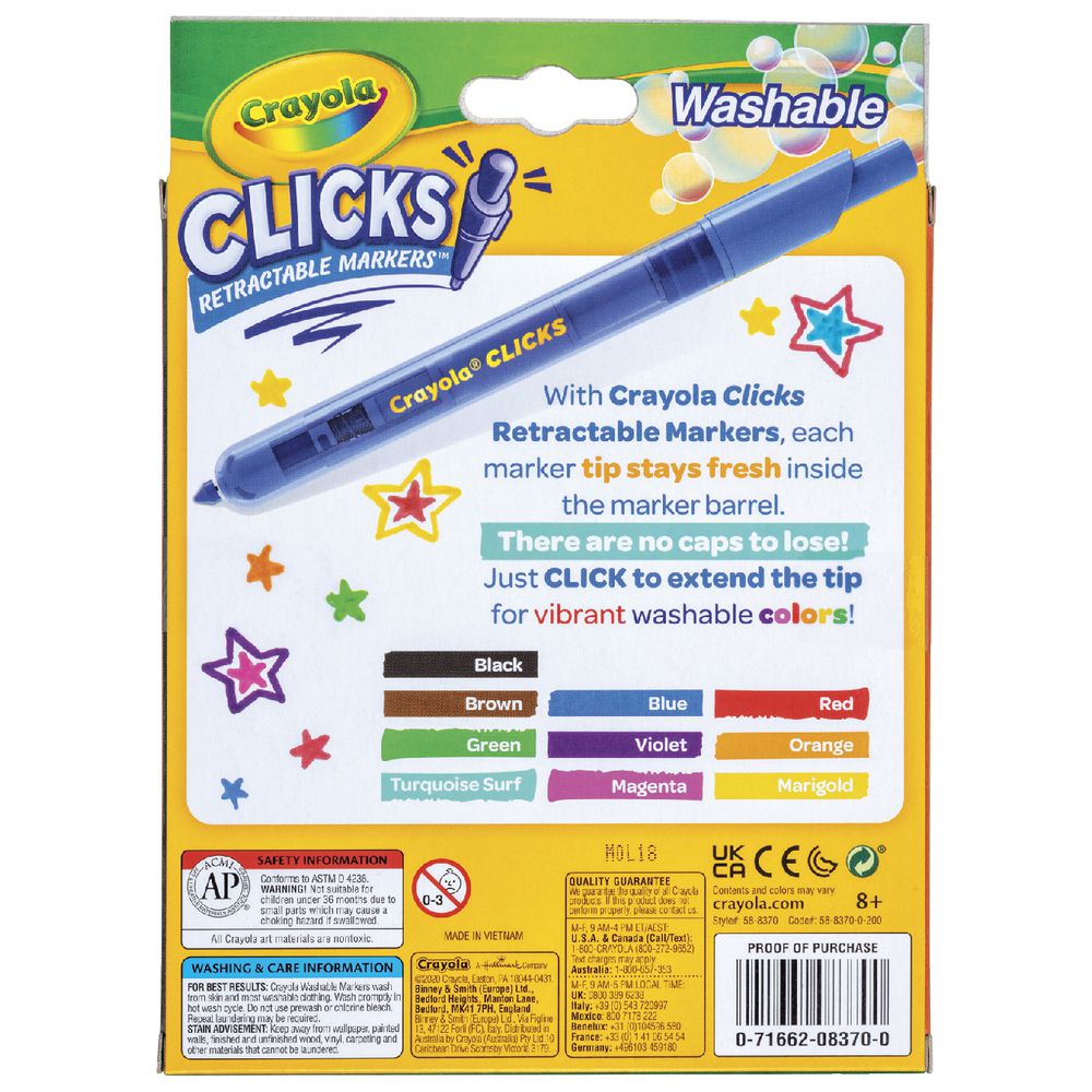 Crayola Clicks Retractable Markers in Blue, shown on its original retail packaging. The packaging is yellow and white with colorful graphics and text detailing the marker's features, including 'Washable' ink and a color chart at the bottom.