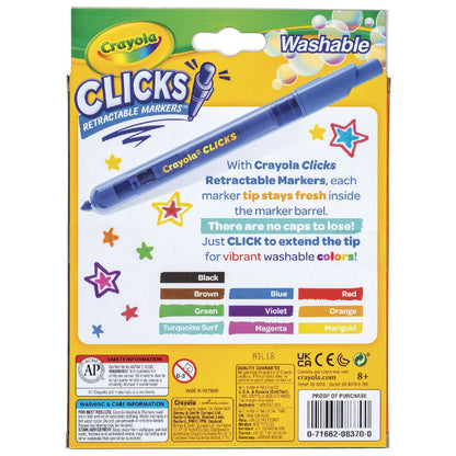 Crayola Clicks Retractable Markers in Blue, shown on its original retail packaging. The packaging is yellow and white with colorful graphics and text detailing the marker's features, including 'Washable' ink and a color chart at the bottom.