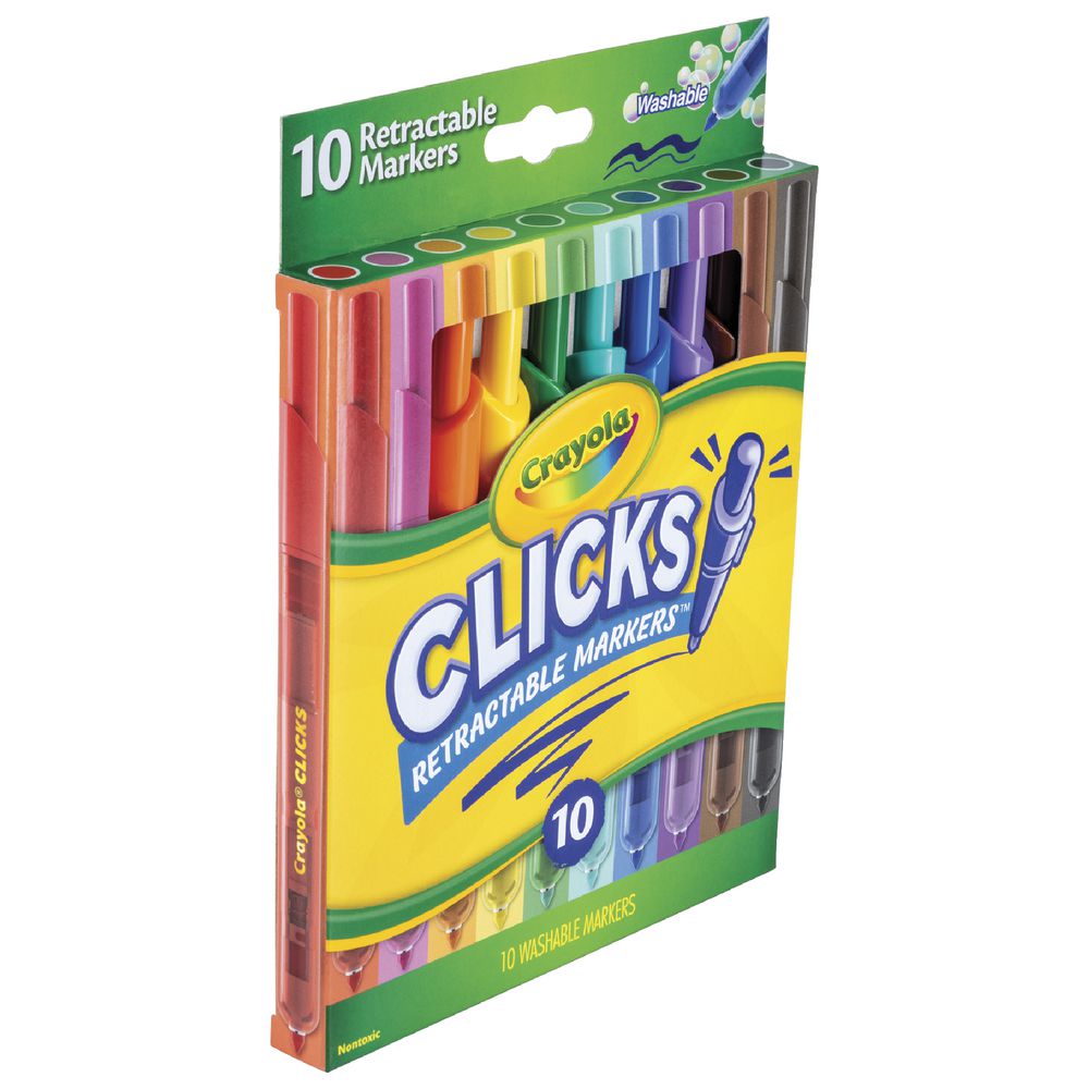 A 10-pack of Crayola Clicks Retractable Markers in a colorful retail box, displayed on a clean white background.