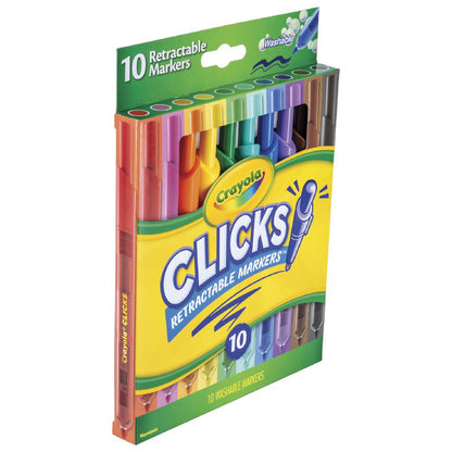 A 10-pack of Crayola Clicks Retractable Markers in a colorful retail box, displayed on a clean white background.