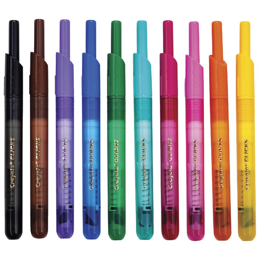 A set of ten Crayola crayons in assorted colors, arranged vertically in a row against a plain white background.
