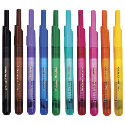 A set of ten Crayola crayons in assorted colors, arranged vertically in a row against a plain white background.