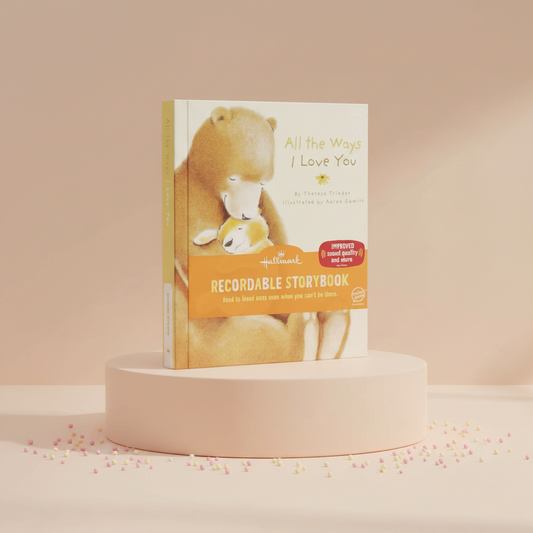 All The Ways I Love You Recordable Storybook on a podium with a pastel background and decorative sprinkles.