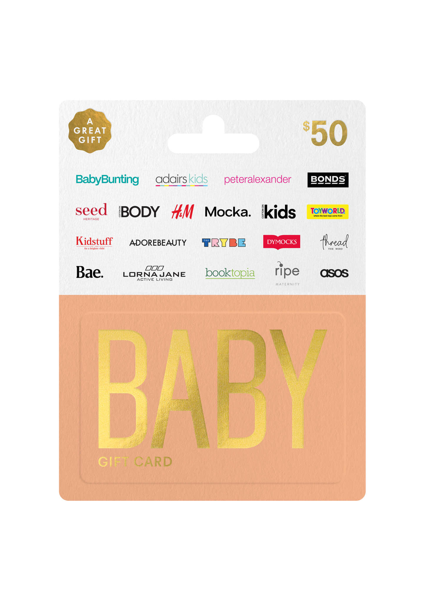 Baby gift card with brand logos on a white background