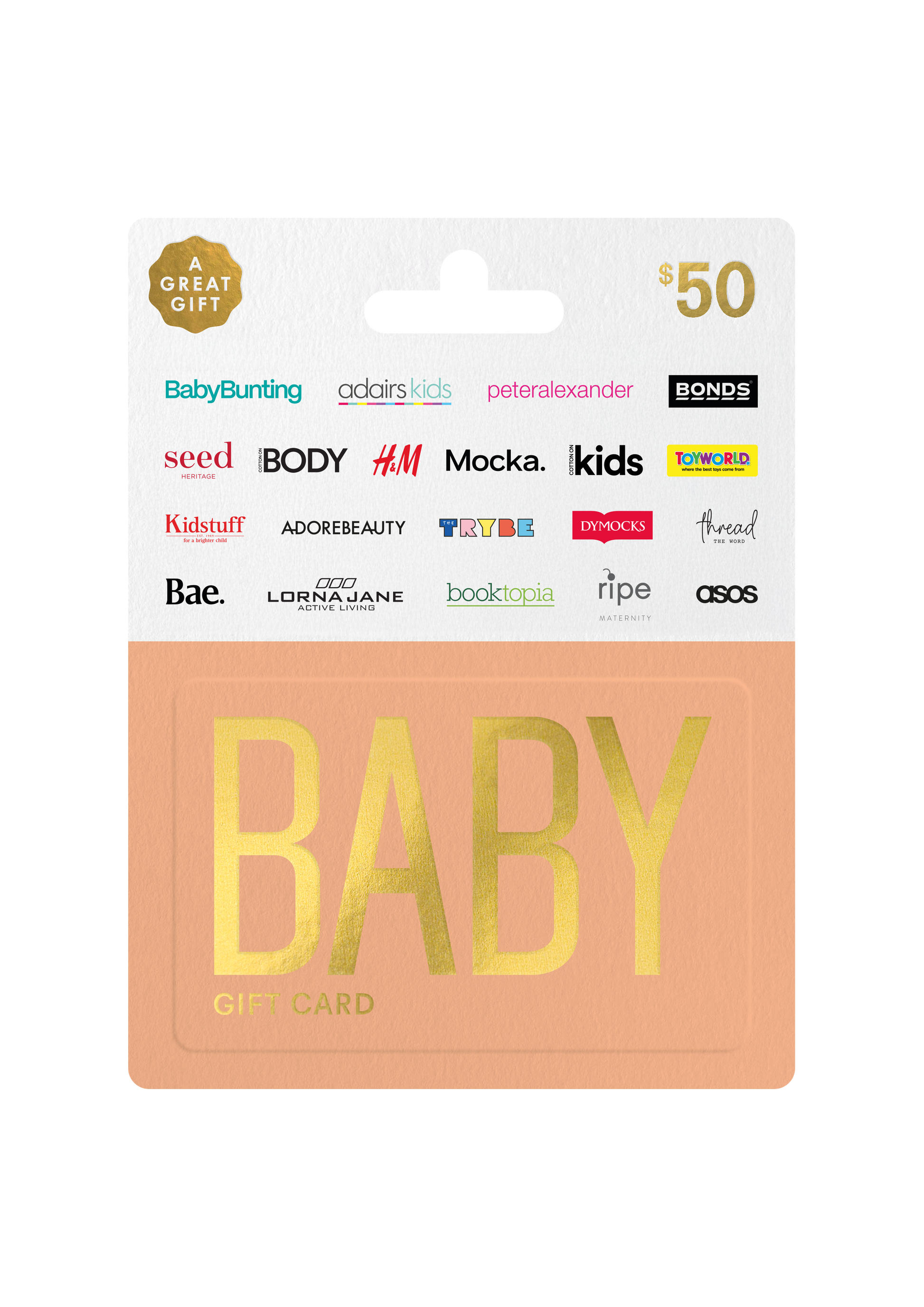 Baby gift card with brand logos on a white background