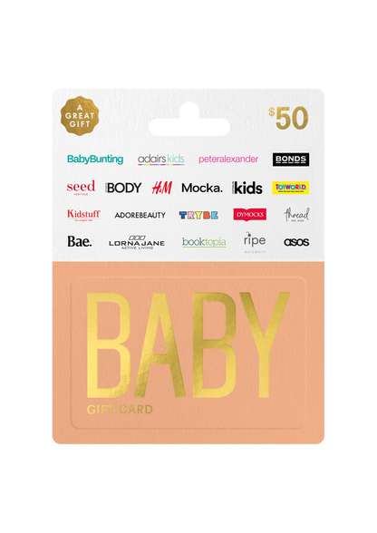 Baby gift card with brand logos on a white background