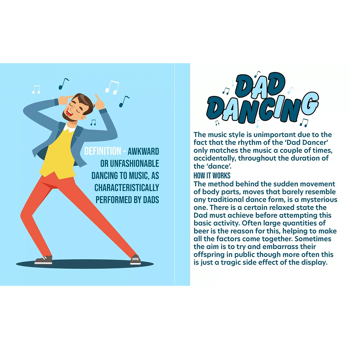 The Book Of Dad illustrating dad dancing with a fun cartoon dad, showcasing awkward dance moves and playful style.