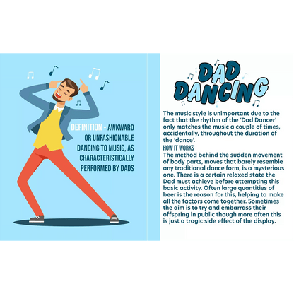 The Book Of Dad illustrating dad dancing with a fun cartoon dad, showcasing awkward dance moves and playful style.