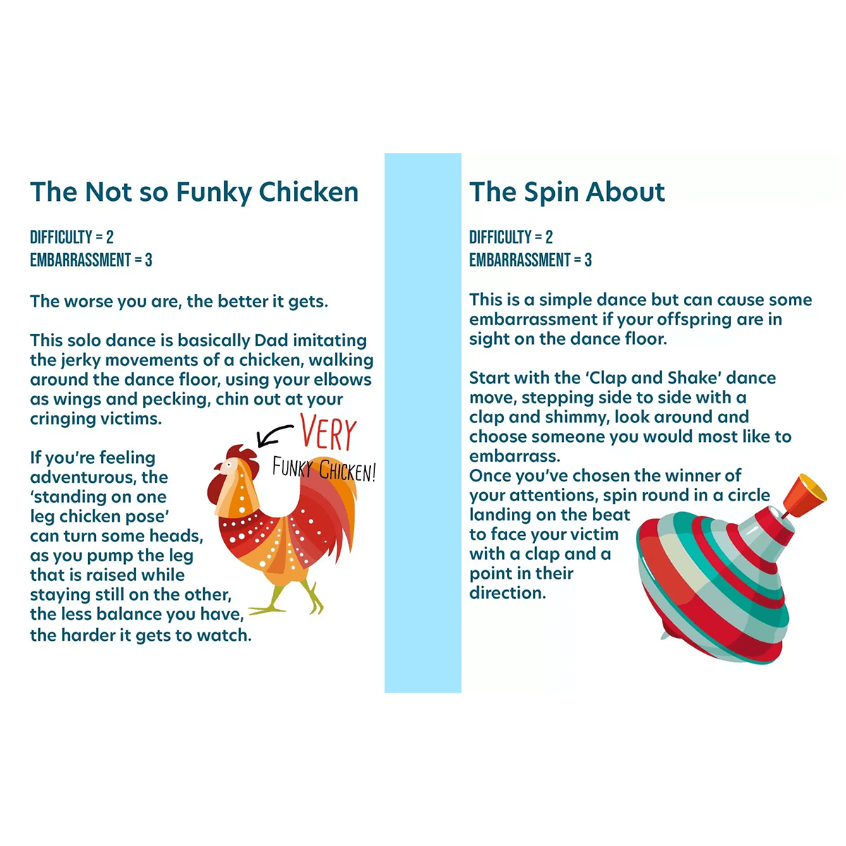 The Book Of Dad hardback pages featuring fun dance activities like the Not So Funky Chicken and The Spin About.