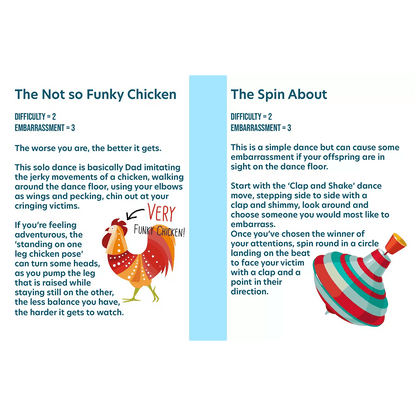 The Book Of Dad hardback pages featuring fun dance activities like the Not So Funky Chicken and The Spin About.