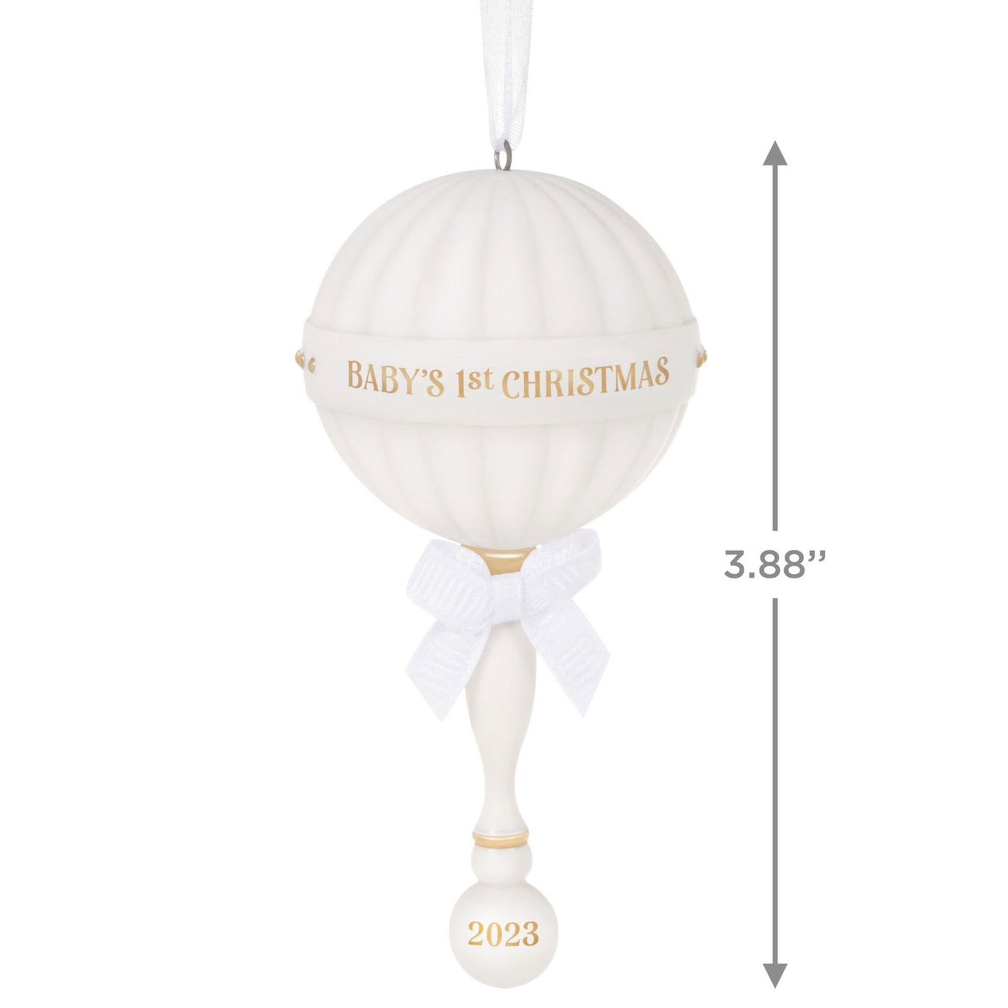 Baby's First Christmas (2023) porcelain rattle — Hallmark Keepsake Christmas Ornament with gold text and ribbon, hanging view, 9.9cm