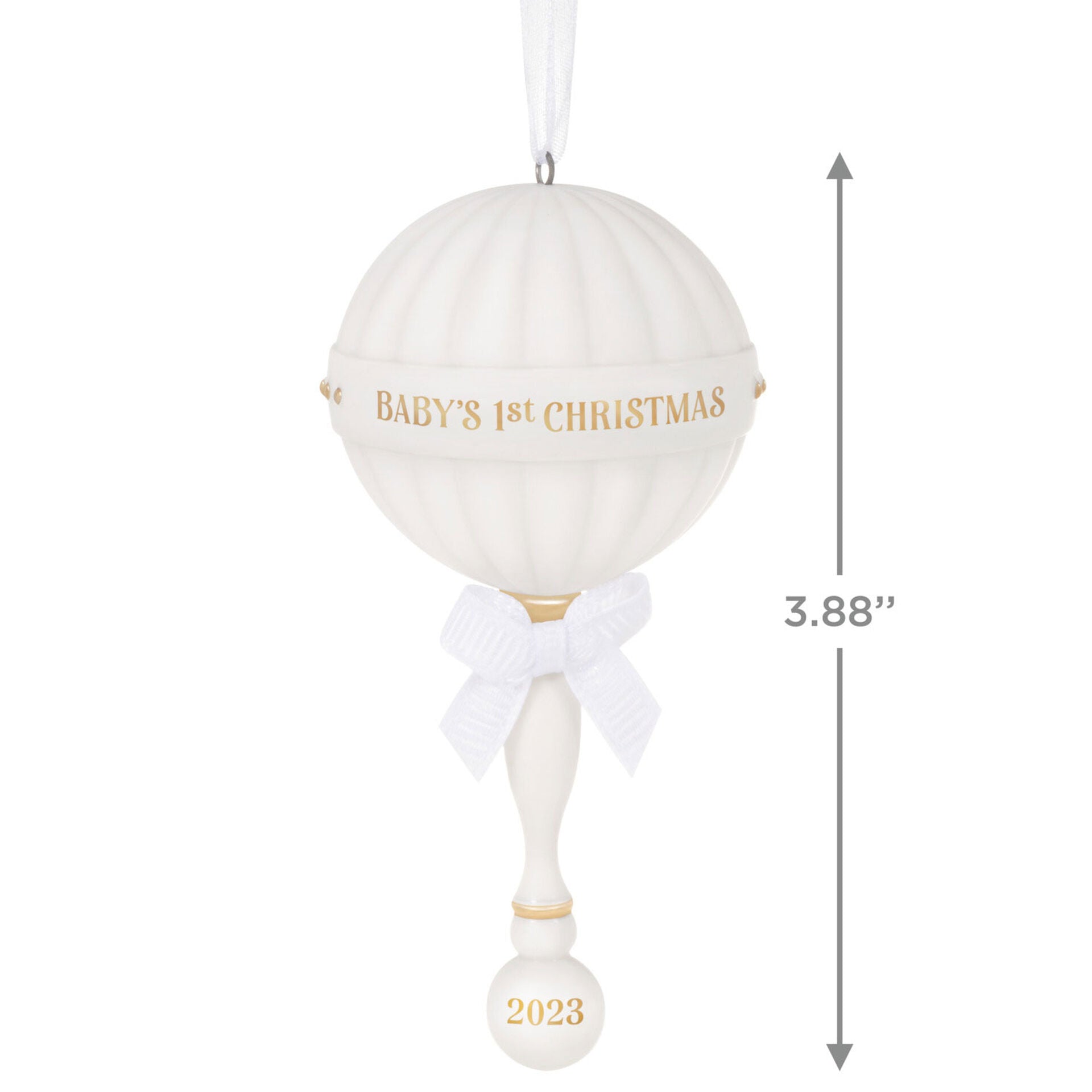 Baby's First Christmas (2023) porcelain rattle — Hallmark Keepsake Christmas Ornament with gold text and ribbon, hanging view, 9.9cm