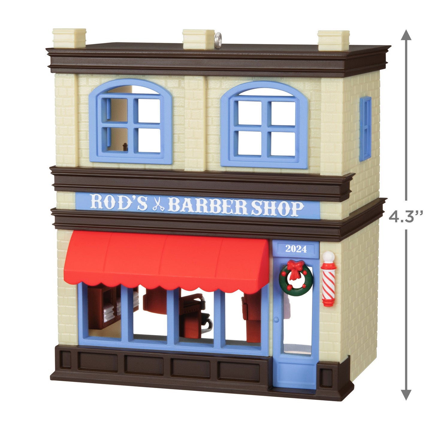 Nostalgic Houses and Shops Rod's Barbershop — Hallmark Keepsake Christmas Ornament, double-storey design with red awning and wreath detail.