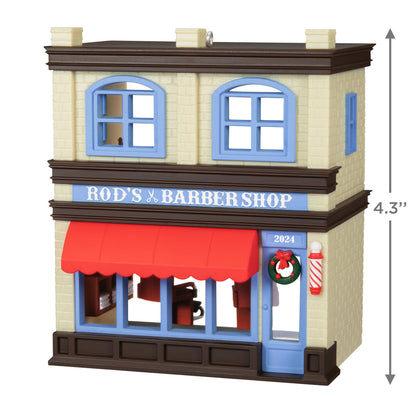 Nostalgic Houses and Shops Rod's Barbershop — Hallmark Keepsake Christmas Ornament, double-storey design with red awning and wreath detail.