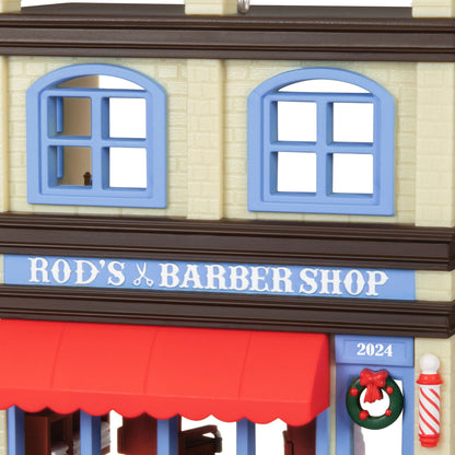 Nostalgic Houses and Shops Rod's Barbershop — Hallmark Keepsake Christmas Ornament, detailed facade, decorative wreath and barbershop pole.