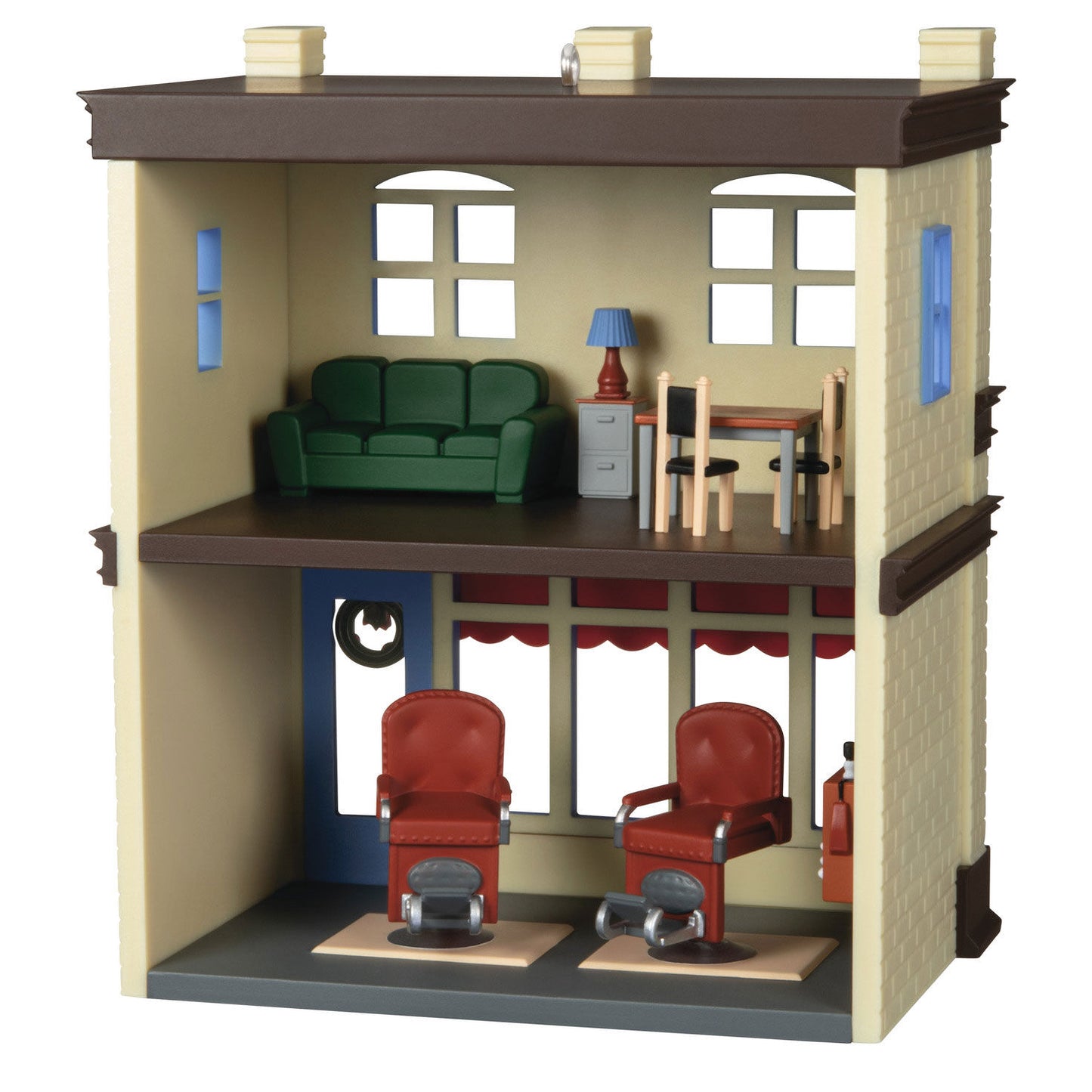 Nostalgic Houses and Shops Rod's Barbershop — Hallmark Keepsake Christmas Ornament, detailed interior with vintage barber chairs and living space.
