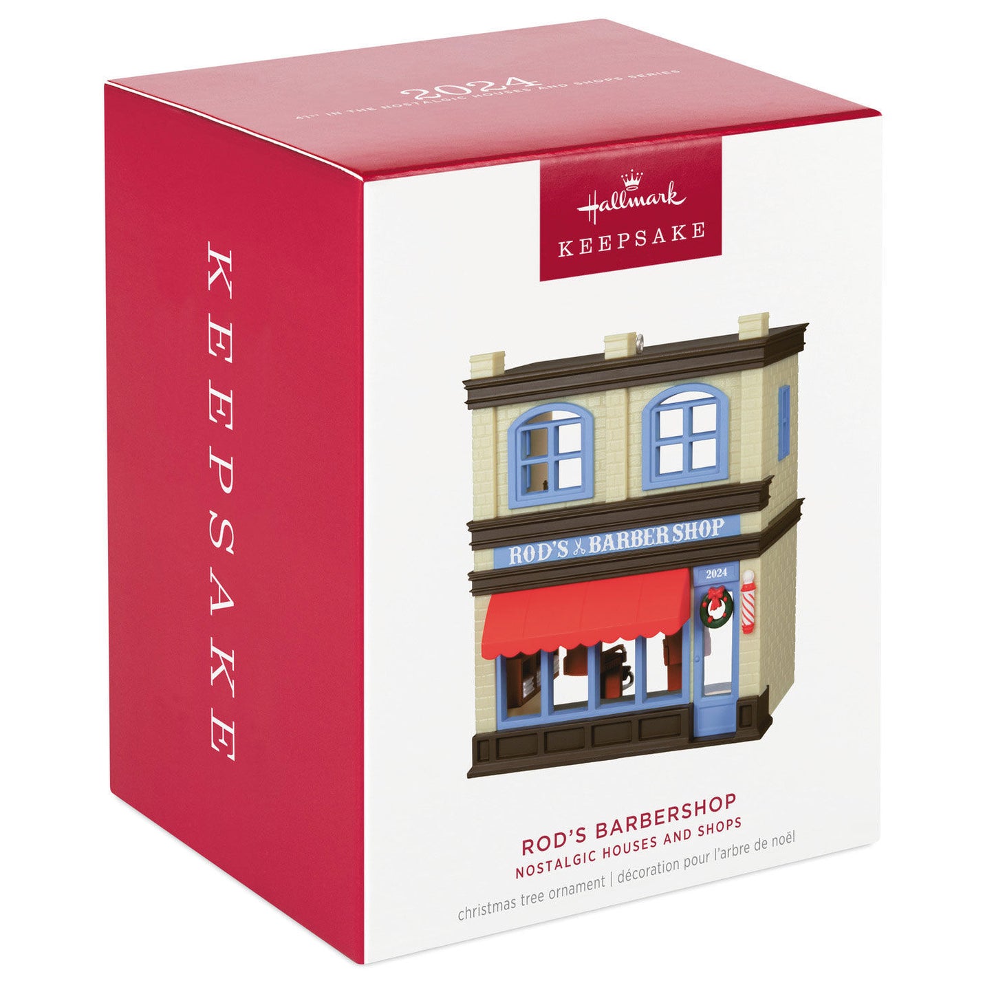 Nostalgic Houses and Shops Rod's Barbershop — Hallmark Keepsake Christmas Ornament boxed view showcasing festive design and branding.