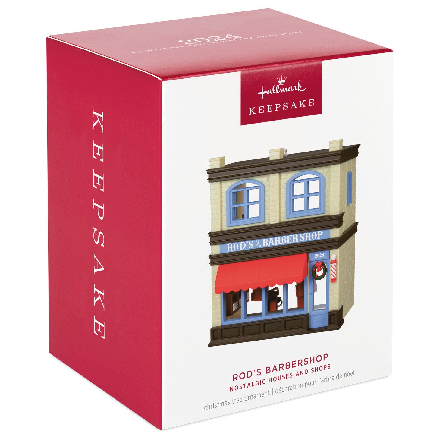 Nostalgic Houses and Shops Rod's Barbershop — Hallmark Keepsake Christmas Ornament boxed view showcasing festive design and branding.