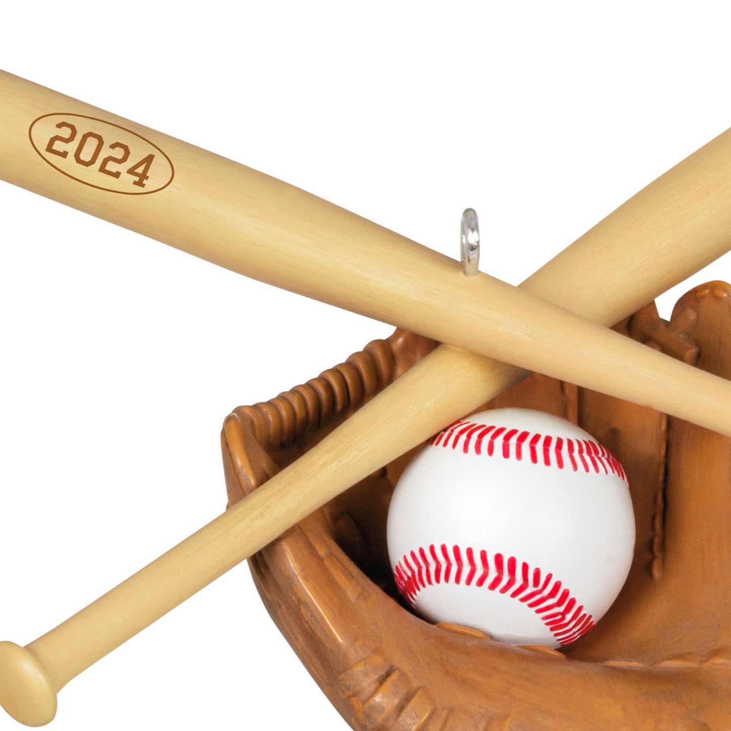 Baseball Star — Hallmark Keepsake Christmas Ornament featuring a rubber baseball, wooden bat engraved with 2024, and a catcher's mitt close up.