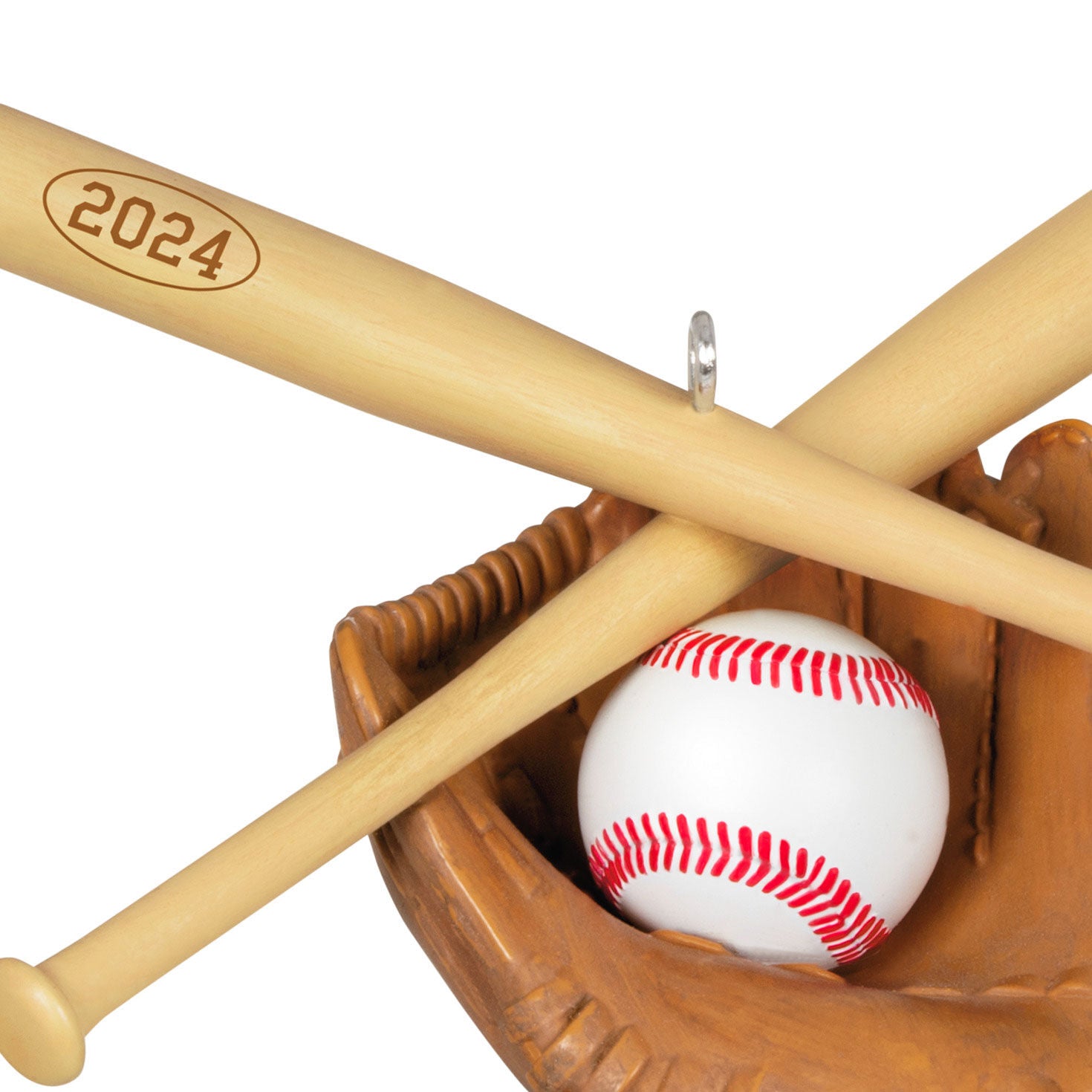 Baseball Star — Hallmark Keepsake Christmas Ornament featuring a rubber baseball, wooden bat engraved with 2024, and a catcher's mitt close up.