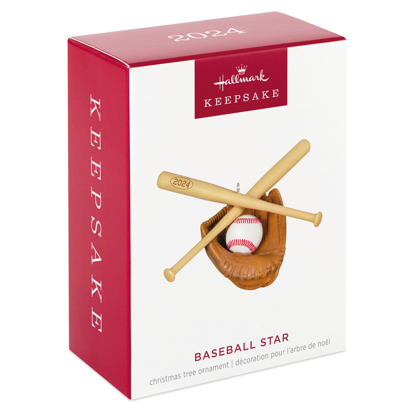 Baseball Star — Hallmark Keepsake Christmas Ornament box with decorative baseball, mitt, and bats in a vibrant red design.