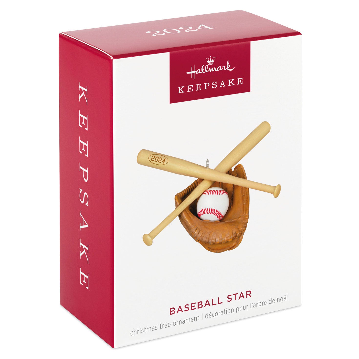 Baseball Star — Hallmark Keepsake Christmas Ornament box with decorative baseball, mitt, and bats in a vibrant red design.
