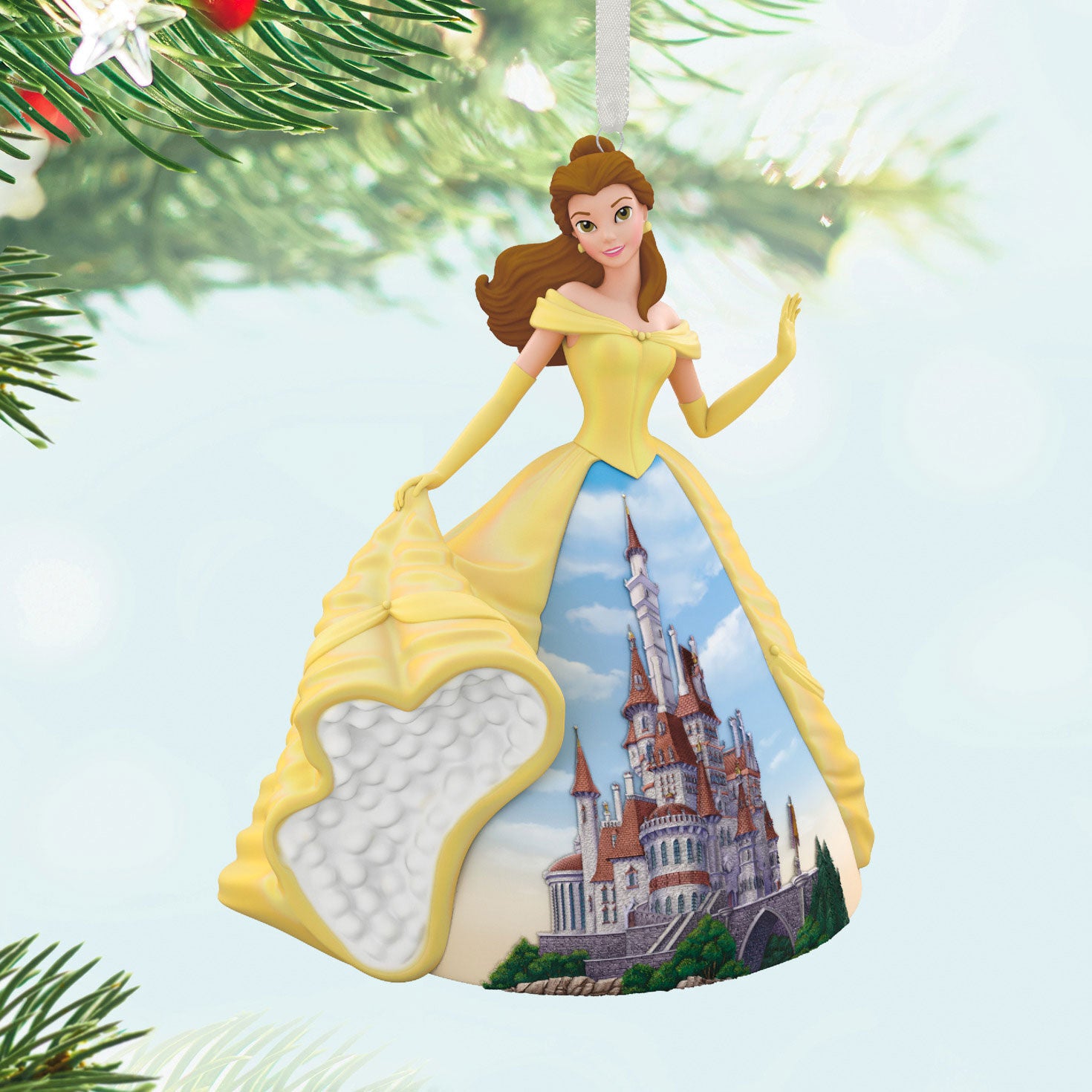 Disney Princess, Celebration Belle (Porcelain) — Hallmark Keepsake Christmas Ornament with iridescent skirt and Beast's castle detail.