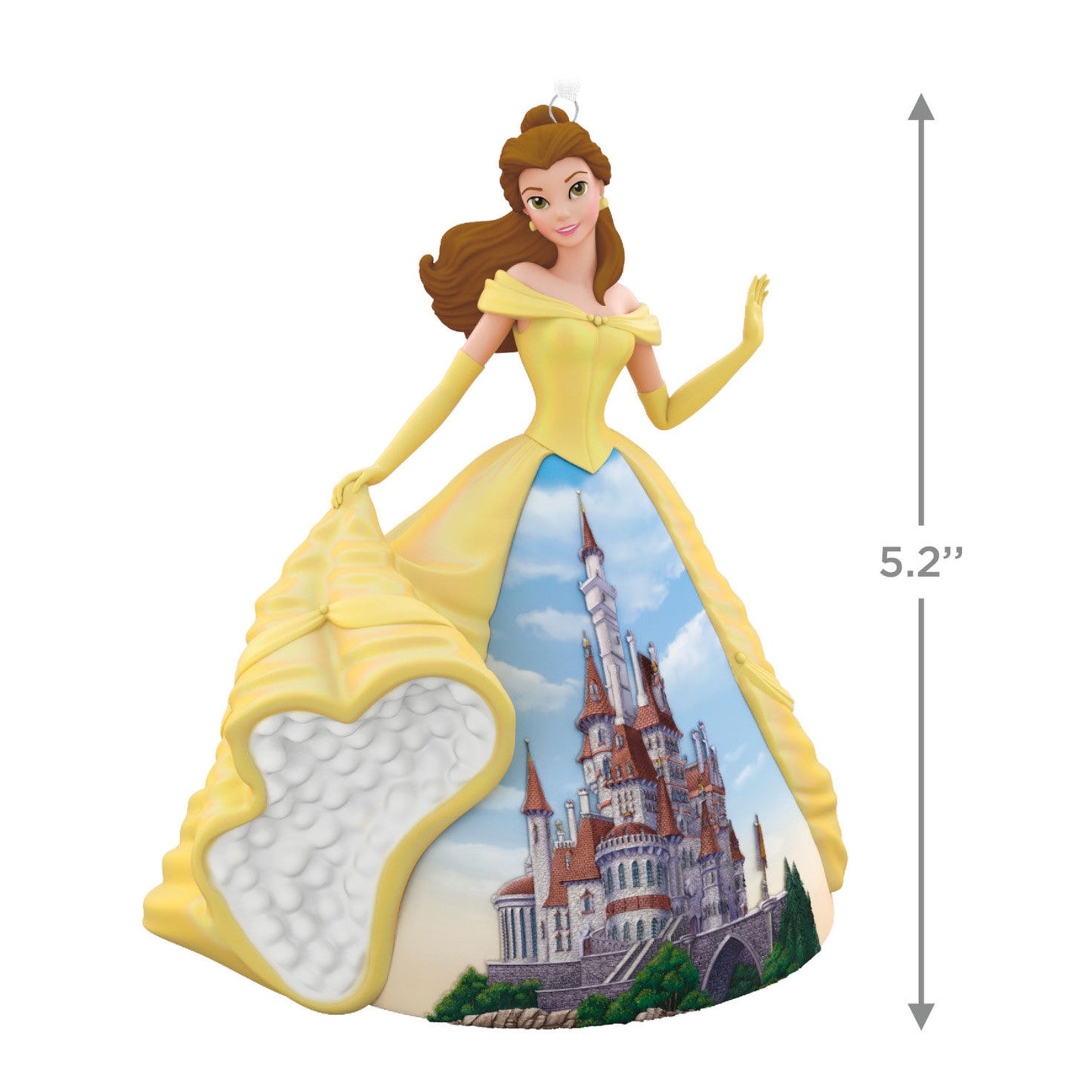 Disney Princess, Celebration Belle (Porcelain) — Hallmark Keepsake Christmas Ornament featuring Belle in a yellow dress with a castle scene, dimensions 13.2 cm.