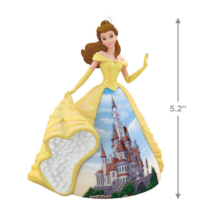 Disney Princess, Celebration Belle (Porcelain) — Hallmark Keepsake Christmas Ornament featuring Belle in a yellow dress with a castle scene, dimensions 13.2 cm.