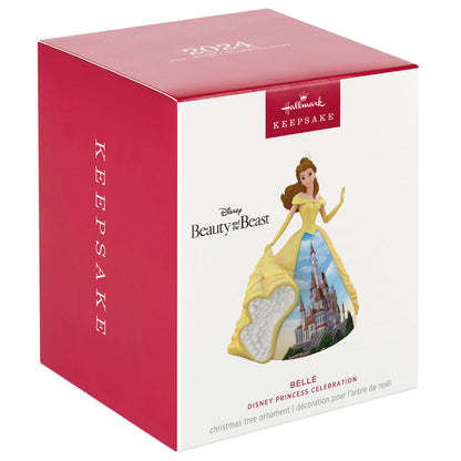 Disney Princess, Celebration Belle (Porcelain) — Hallmark Keepsake Christmas Ornament in packaging, featuring Belle in a radiant yellow dress.