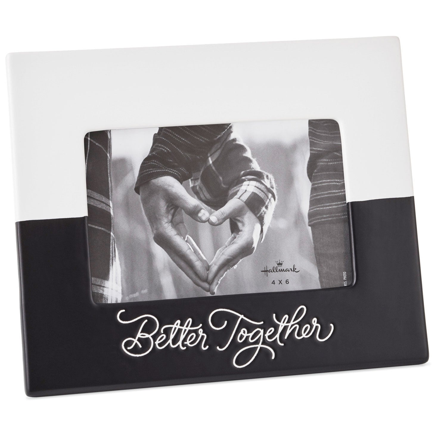 Better Together Ceramic Picture Frame, 4x6 in black and white, showcasing a heartfelt photo of two hands forming a heart shape.