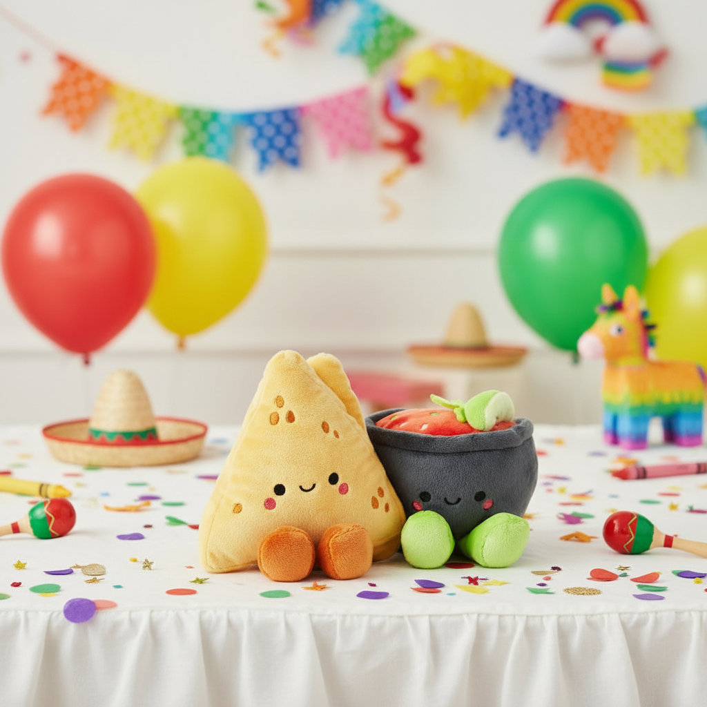 Chips and Salsa Magnetic Plush – Better Together, vibrant festive setting with balloons and table decor, cute details of plush characters