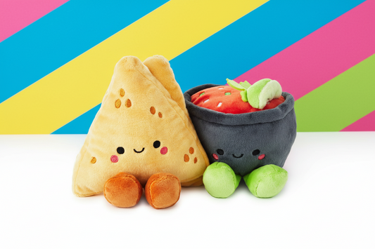 Chips and Salsa Magnetic Plush – Better Together, colourful plush snack characters, close up against a vibrant backdrop.