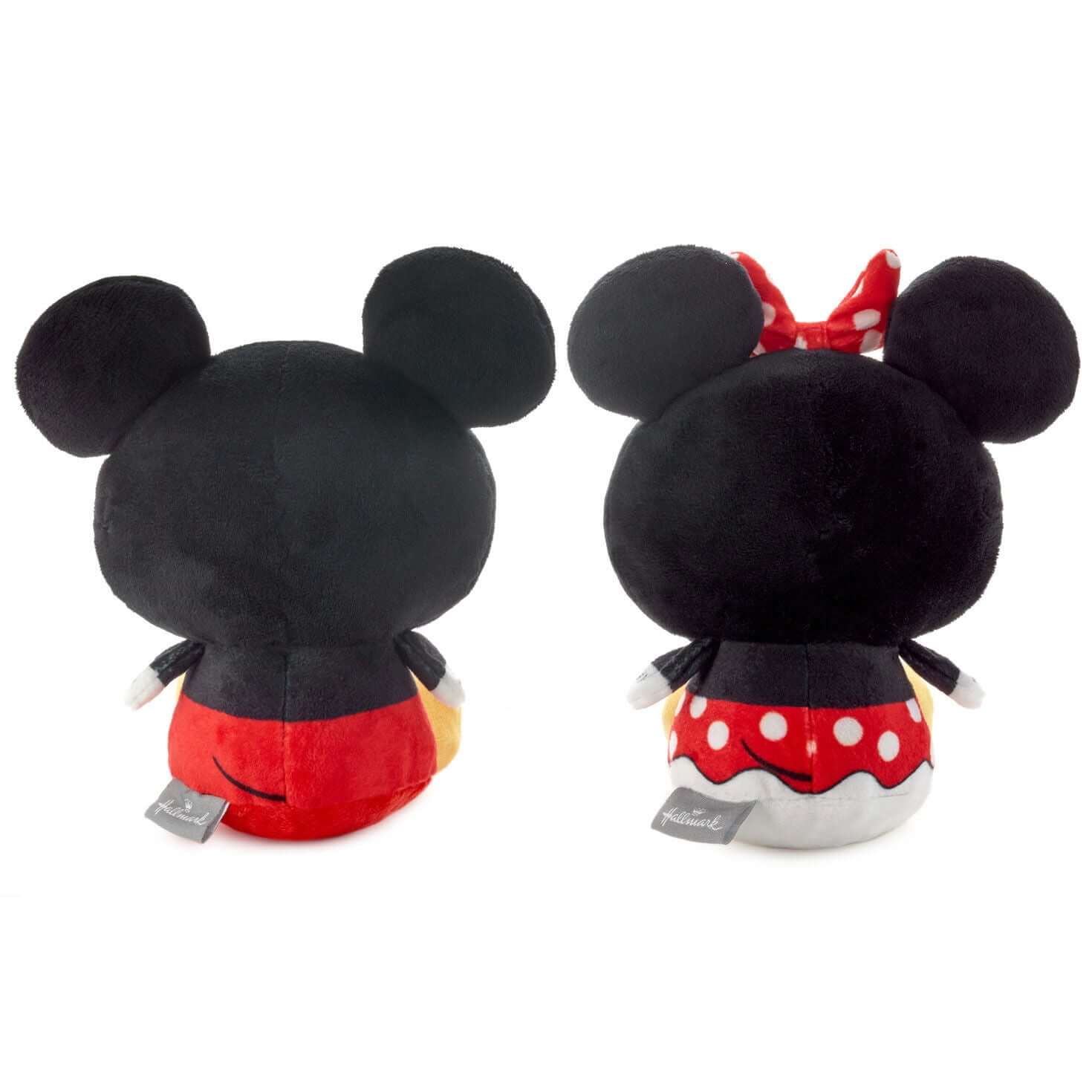 Better Together Disney Mickey and Minnie Magnetic Plush, 5", back view of duo featuring Mickey's red shorts and Minnie's polka dot bow.