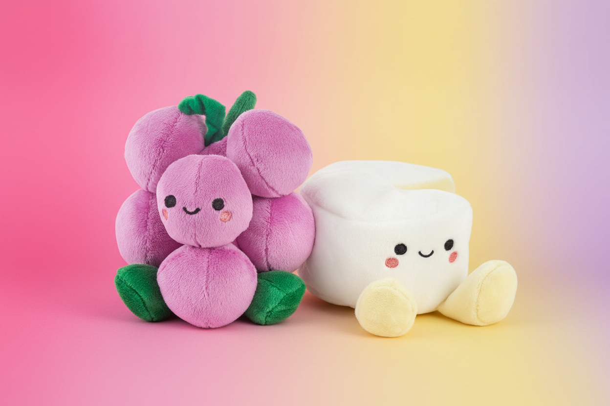 Grapes & brie, magnetic plush pair - better together, cute plush food characters with vibrant colours, close up view.