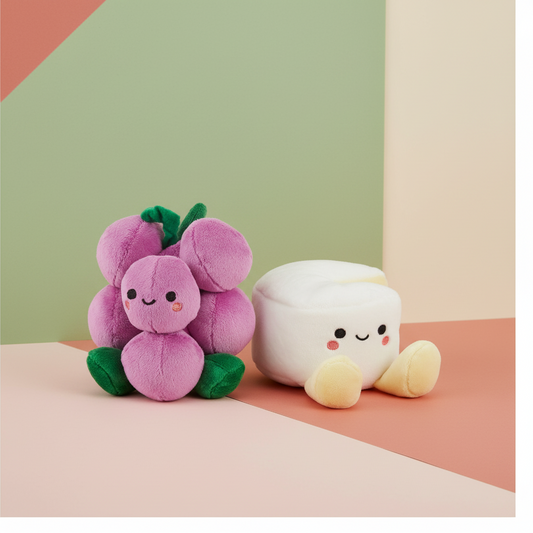 Grapes & Brie, Magnetic Plush Pair - Better Together, cute plush grapes and brie characters, soft material, flat lay on colourful background.