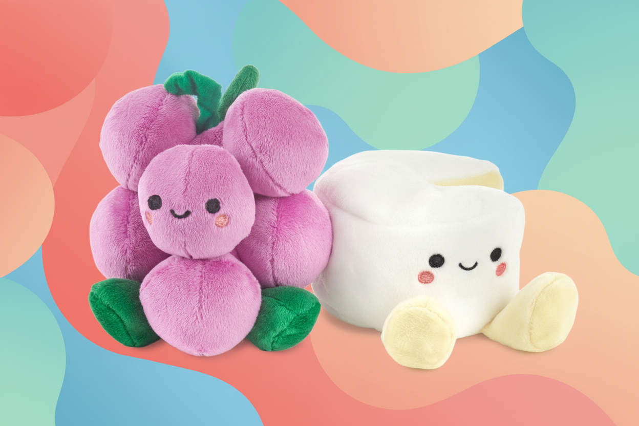 Grapes & Brie, Magnetic Plush Pair - Better Together, colourful plush duo with embroidered details, soft and cuddly.