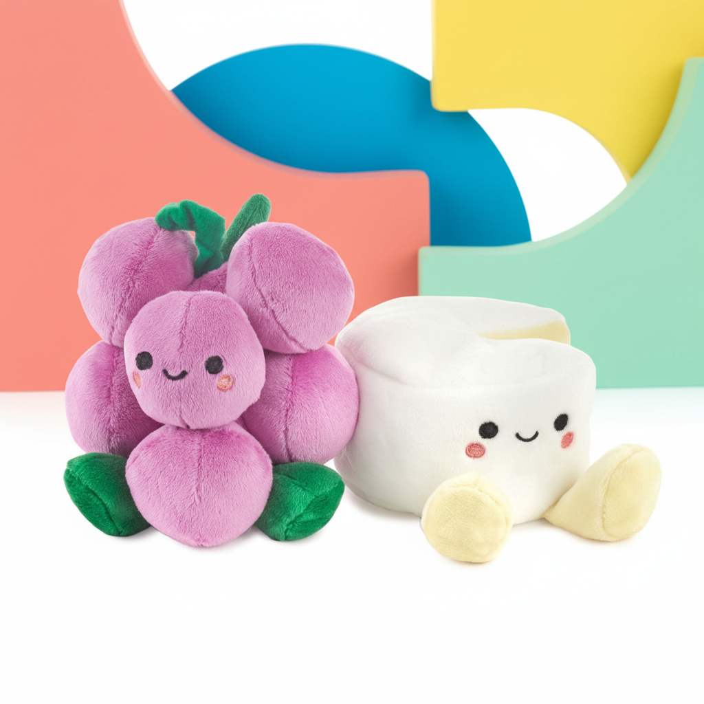 Grapes & Brie, Magnetic Plush Pair - Better Together featuring soft grape and brie cheese characters with smiling faces on a colourful background.