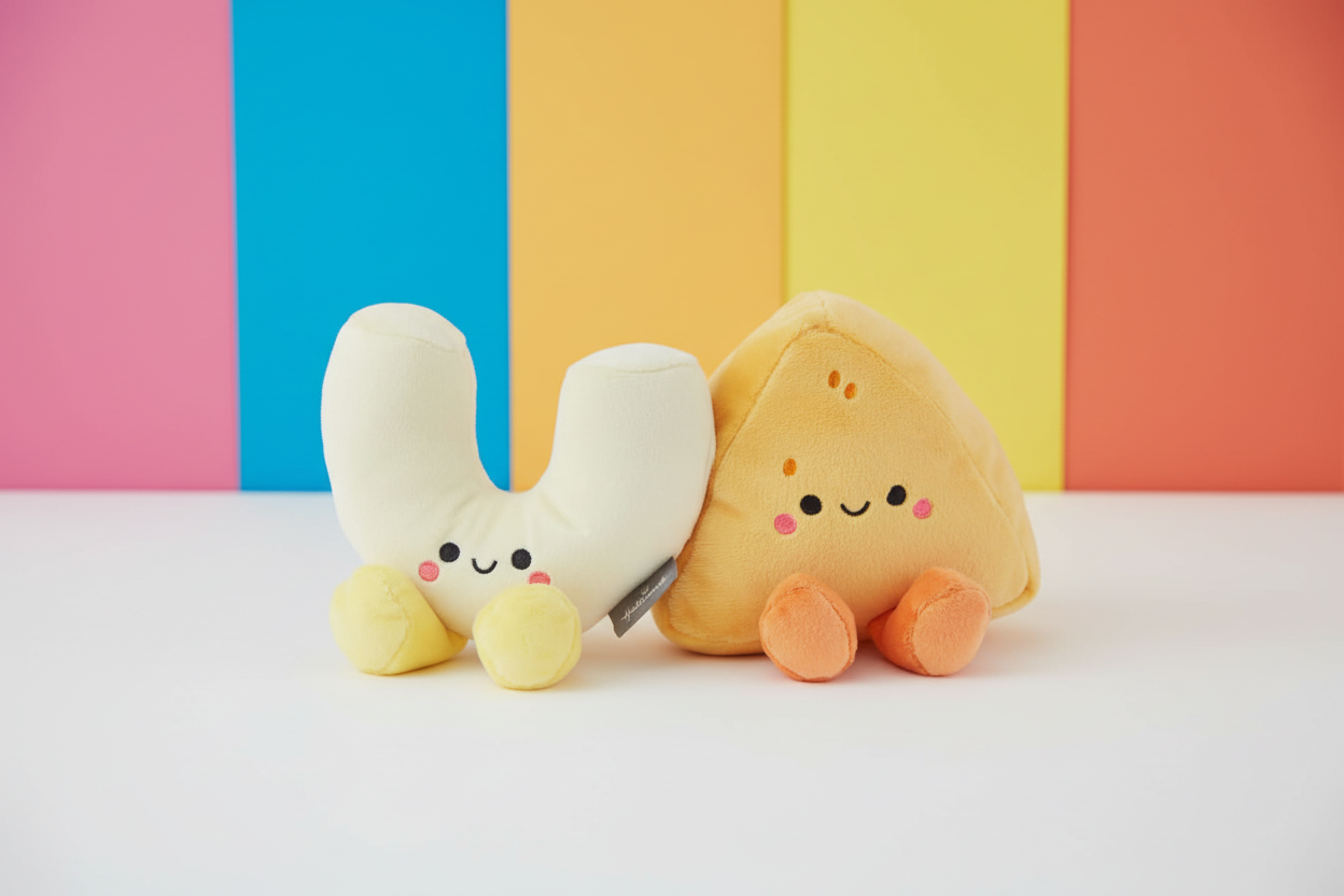 Mac & Cheese, Magnetic Plush Pair - Better Together displayed against a colourful background, featuring a macaroni and cheese-shaped plush.